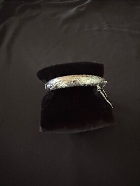 Sterling Silver Etched Bangle Bracelet with safety chain